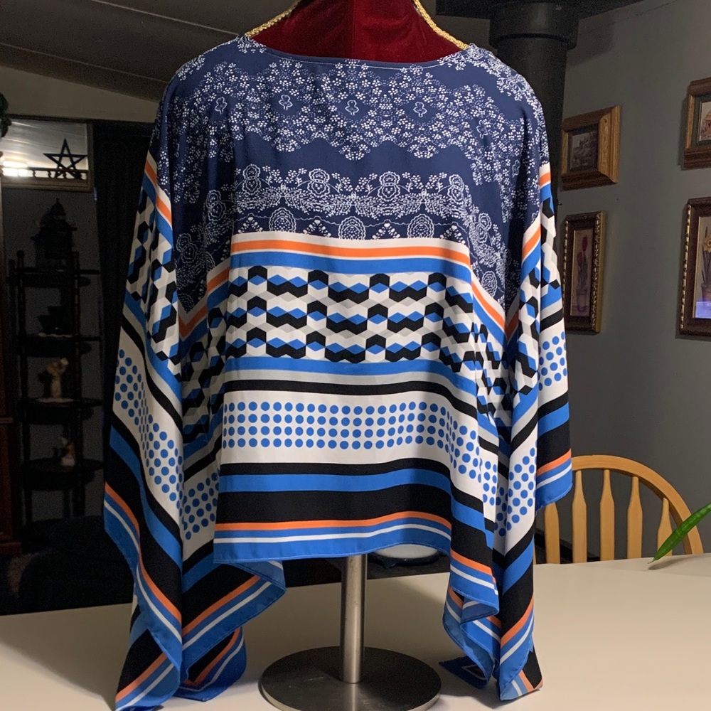 Sharagano Blue, White & Orange Patterned Poncho